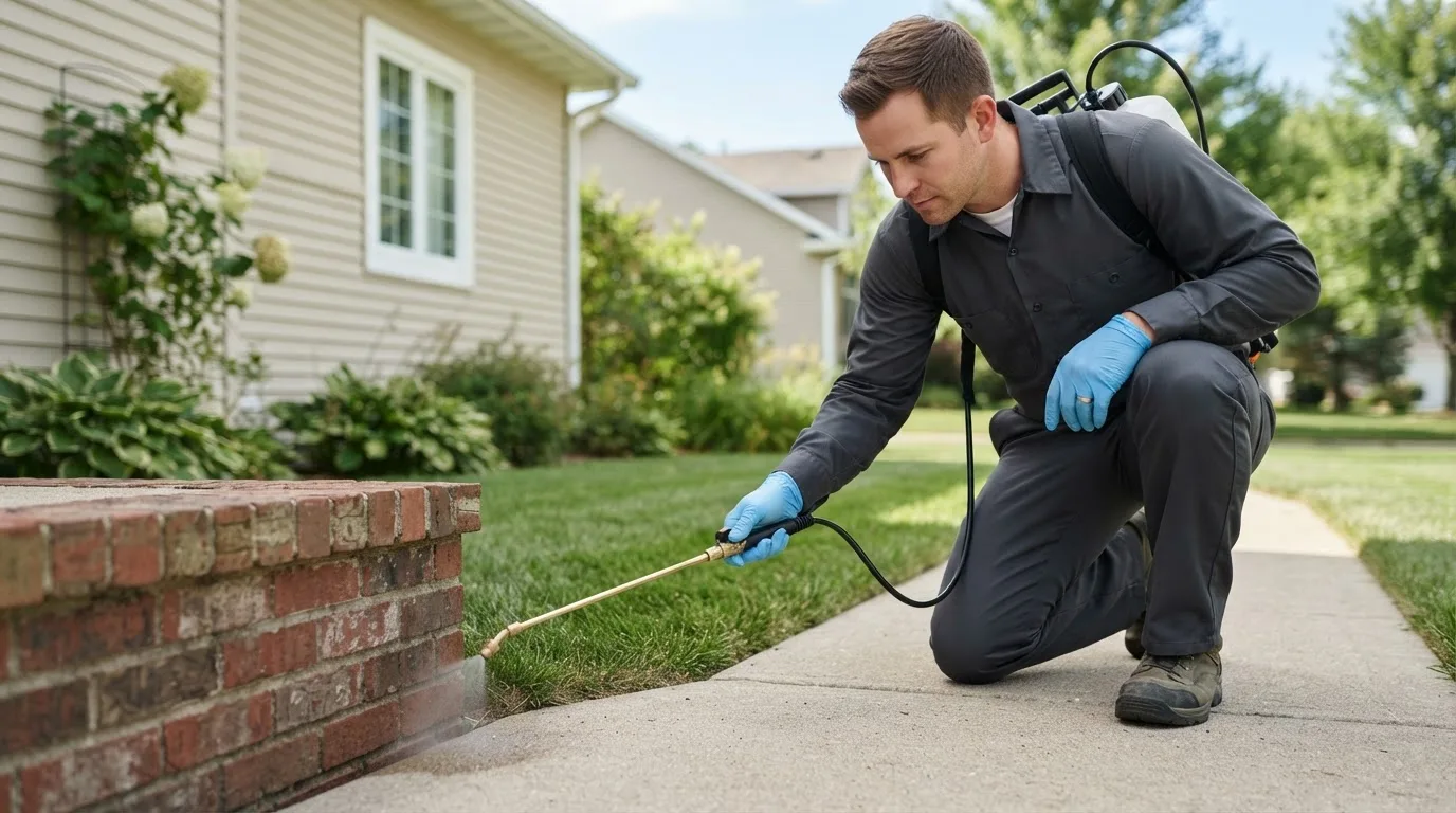 Pest control technician treating a home near Fergus Falls, MN