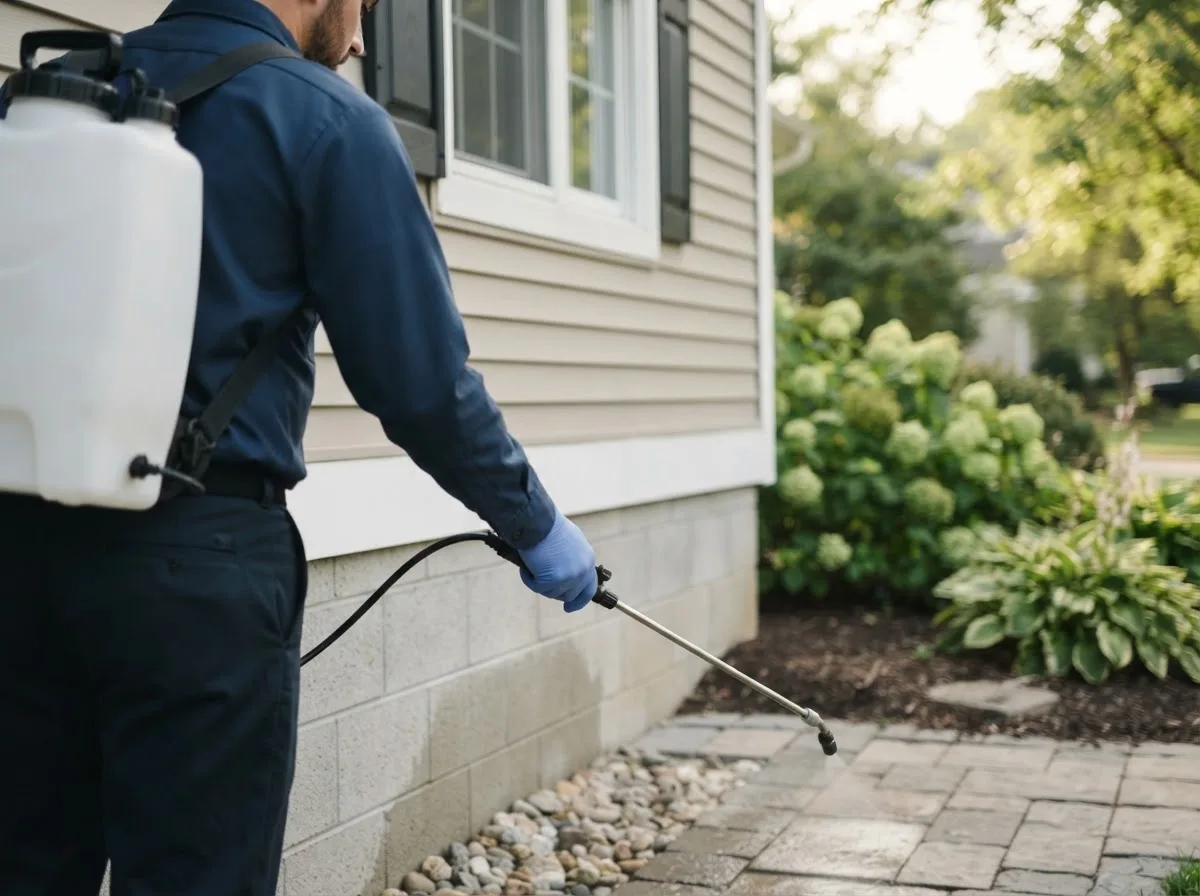 Pest control technician inspecting a home in Fergus Falls, MN